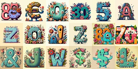 Naklejka premium Cartoon Flowers Monster Lettering Typeface. AI generated illustration