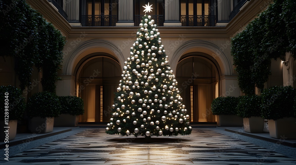Poster a clean christmas tree adorned with monochromatic baubles, standing in a courtyard with symmetrical 