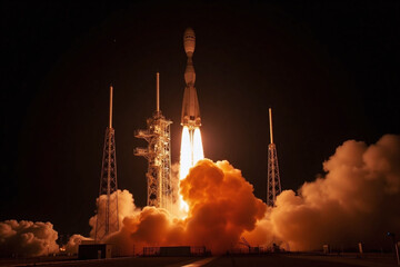 Rocket launch at night flames smoke launchpad stars sky