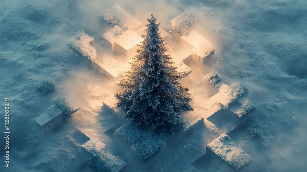 Poster a modern christmas tree with minimal decoration, surrounded by rectangular snow patches resembling a