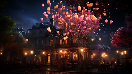 Night scene of a charming town square with colorful lanterns floating above a building and people dining outside.