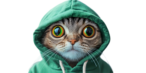 Adorable Gray Cat in Green Hoodie Looking Curious Isolated on White