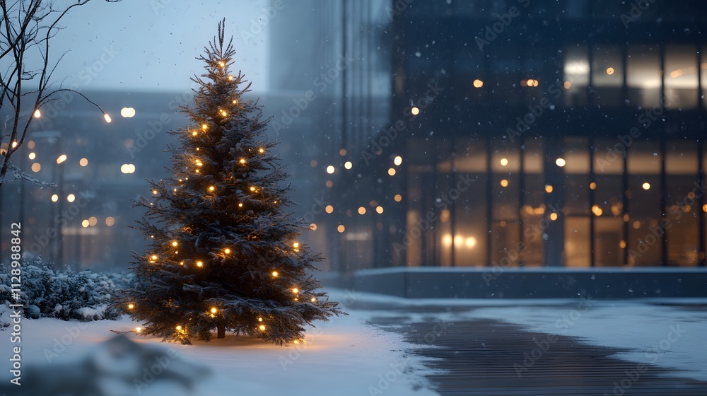 Poster A high-angle shot of a minimalist Christmas tree with glowing string lights, standing alone in a modern, snow-covered plaza. Cinematic Scene 4k resolution, cinematic scene