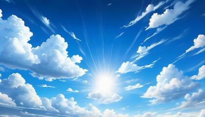 blue sky with clouds anime style background with shining sun and white fluffy clouds sunny