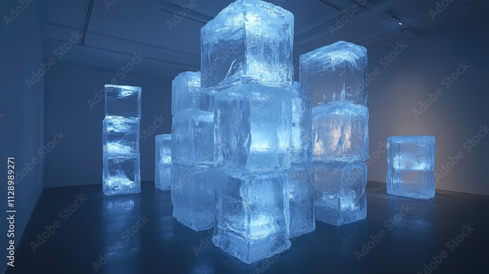 Poster a minimalist ice art installation featuring a series of stacked, clear ice blocks, with soft blue li