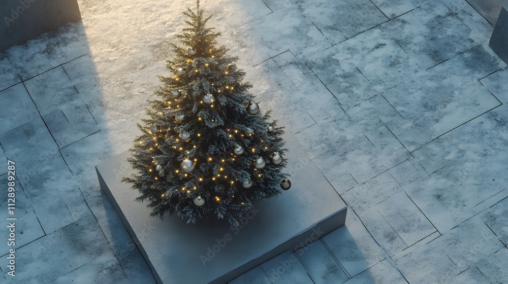 Poster a christmas tree with minimalist ornaments placed on a polished stone platform in a modern urban set