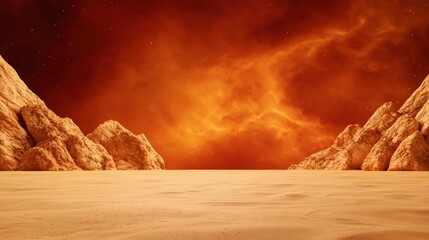 A desert scene with a large orange cloud in the sky