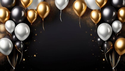 black background with gold and silver balloons birthday banner copy space backdrop generative ai