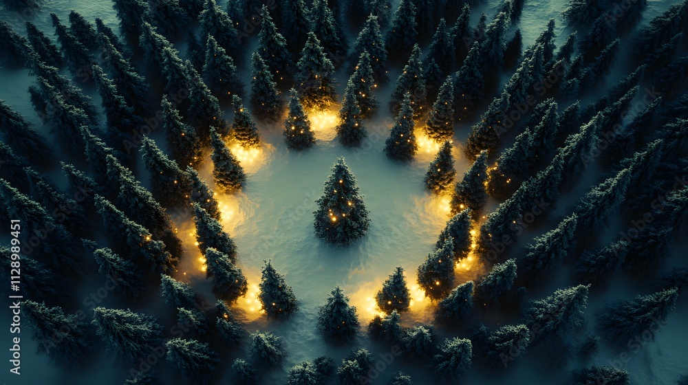 Poster A symmetrical layout of tiny Christmas trees forming a concentric pattern, each tree glowing faintly in the snow. Cinematic Scene 4k resolution, cinematic scene