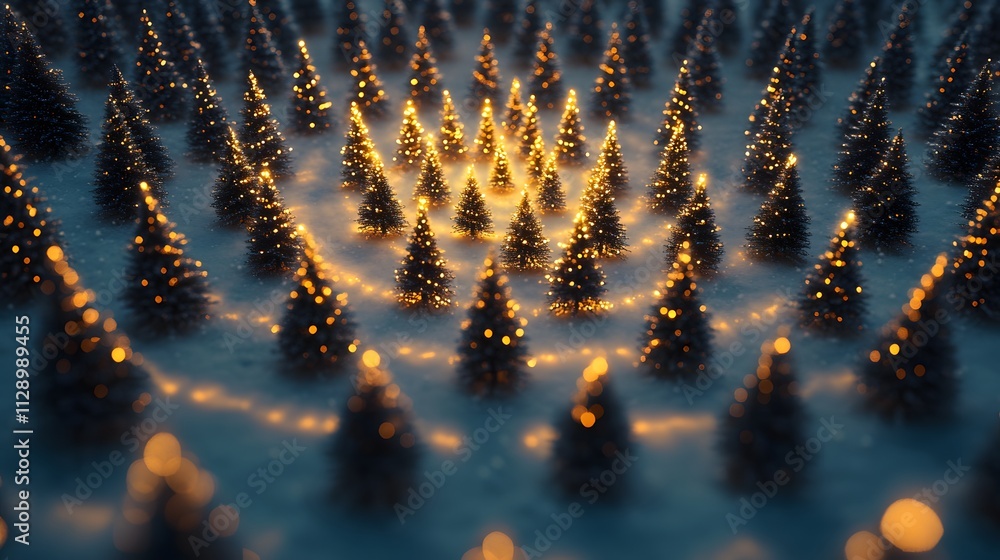 Poster A symmetrical layout of tiny Christmas trees forming a concentric pattern, each tree glowing faintly in the snow. Cinematic Scene 4k resolution, cinematic scene