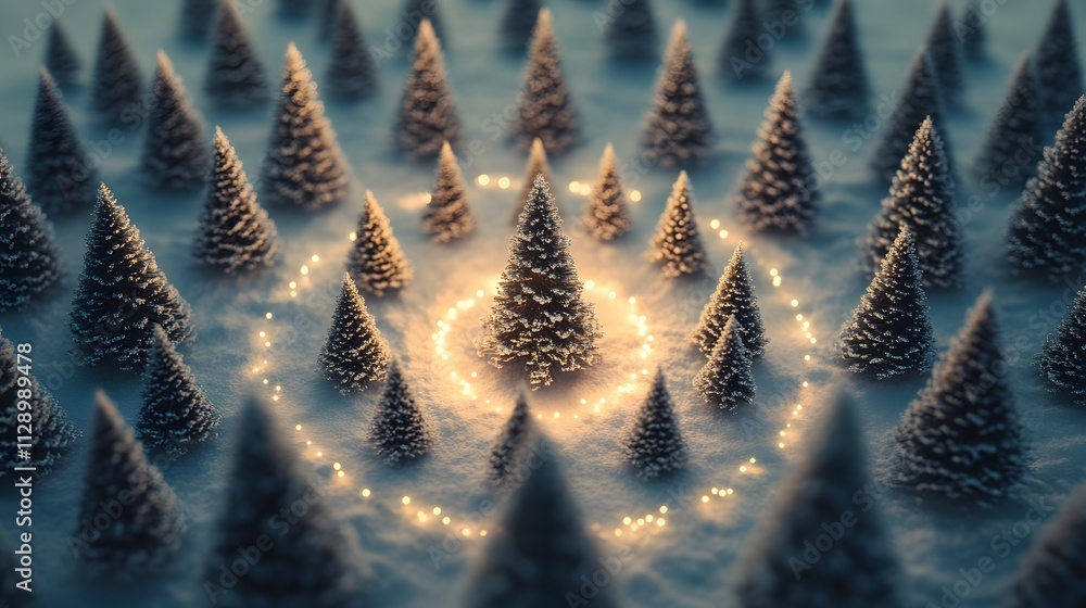 Poster A symmetrical layout of tiny Christmas trees forming a concentric pattern, each tree glowing faintly in the snow. Cinematic Scene 4k resolution, cinematic scene