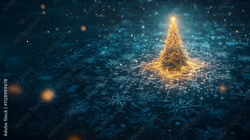 Poster aerial abstraction of a christmas tree with a faint glow, surrounded by intricate snowflake-like pat