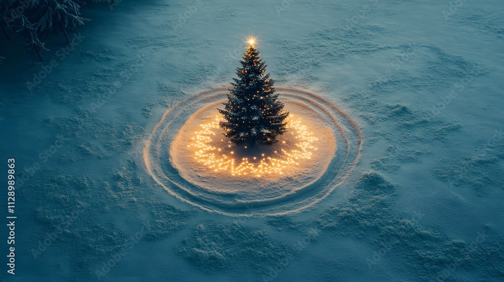 Poster a dynamic high-angle shot of a christmas tree surrounded by snowy concentric rings, glowing softly a