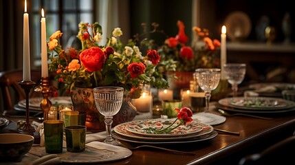 Romantic candlelit dinner table setting with red and orange flowers, elegant glassware, and patterned plates.