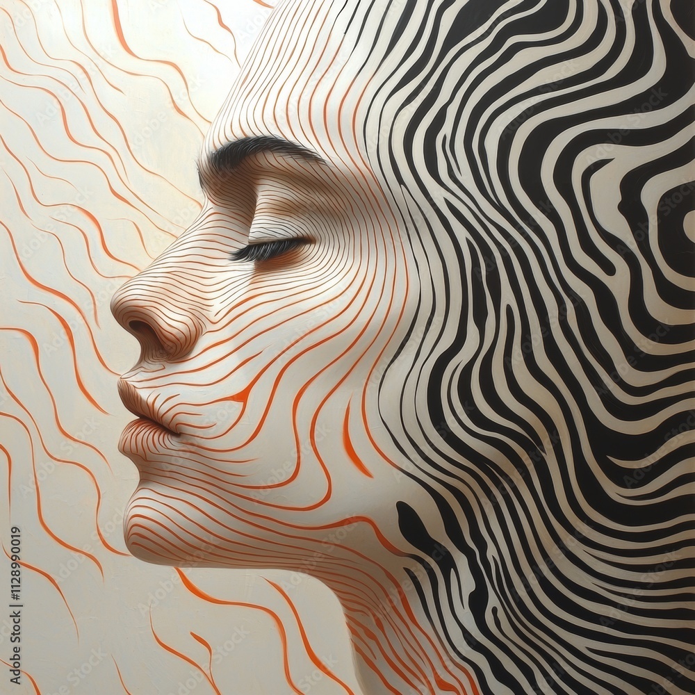 Poster abstract portrait with wavy lines creating an optical illusion effect