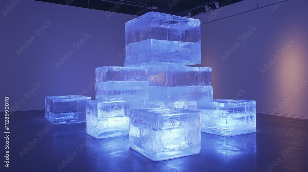 Poster a minimalist ice art installation featuring a series of stacked, clear ice blocks, with soft blue li