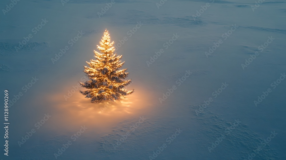 Poster a clean and serene capture of a christmas tree glowing softly in the middle of a pristine snowfield,