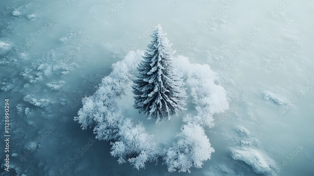 Poster a dynamic aerial shot of a minimalist christmas tree surrounded by abstract snow art, emphasizing ba