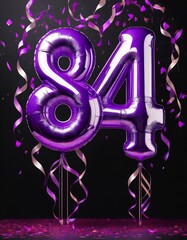 Fototapeta premium Purple birthday / anniversary balloon, number 84, black background with confetti