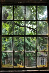 Lush Greenery Reflected Through an Old Weathered Window