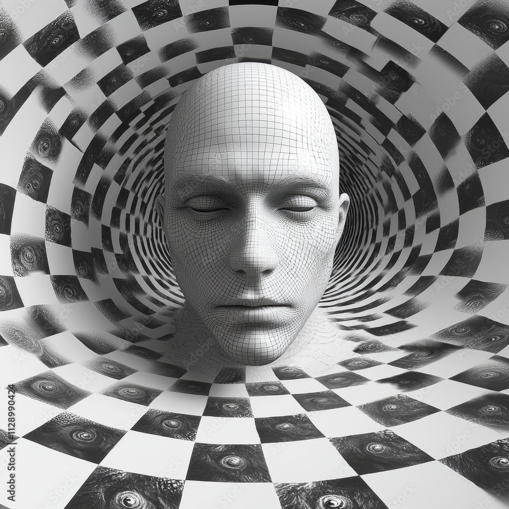 Poster Surreal 3D head with checkered pattern creating optical illusion effect