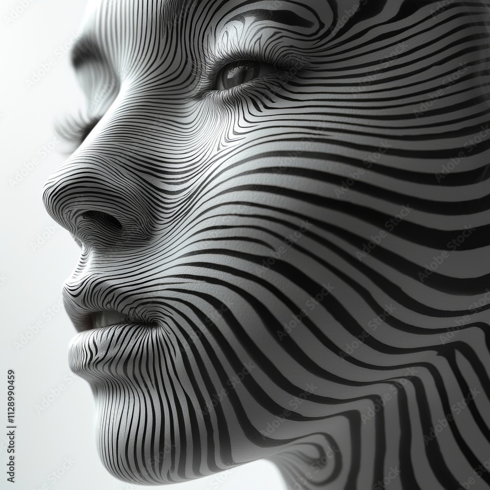 Poster elegant close-up portrait with optical illusion stripe patterns on face