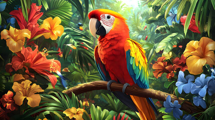 Fototapeta premium A cartoon parrot perched on a branch surrounded by tropical flowers in a jungle setting.