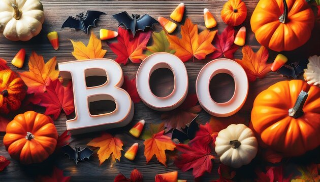 this playful halloween themed image features pumpkins candy corn bats and the word booo amidst autumn leaves