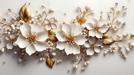 Elegant white and gold 3D floral arrangement on marble background.