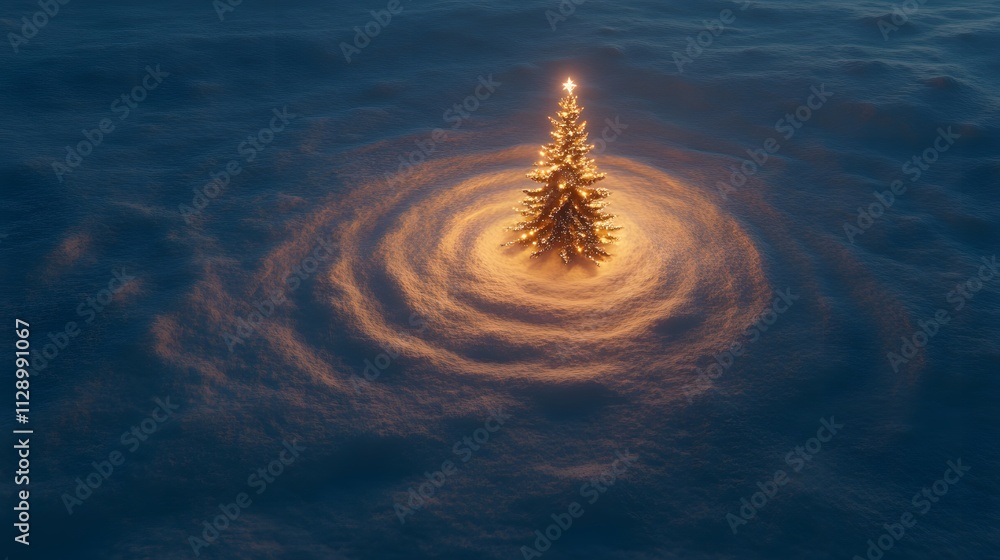 Poster a single christmas tree glowing softly in a vast snowy plain, surrounded by concentric snow trails, 