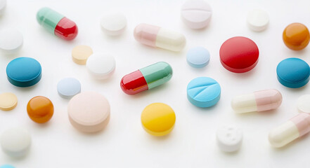 Colorful assortment of pills and capsules scattered on white background, showcasing various shapes and sizes, evoking sense of health and wellness