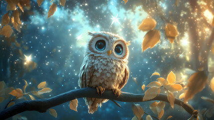 A charming 3D cartoon owl sitting on a tree branch with twinkling stars in the background.
