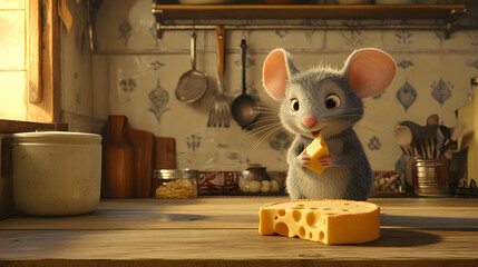 A charming cartoon mouse sitting by a slice of cheese in a cozy kitchen.