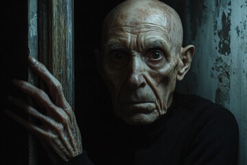 Bald elderly man with hollow eyes and gaunt face, skeletal hands gripping a door frame, dimly lit room, strong shadows, unsettling backlit atmosphere, close-up 1
