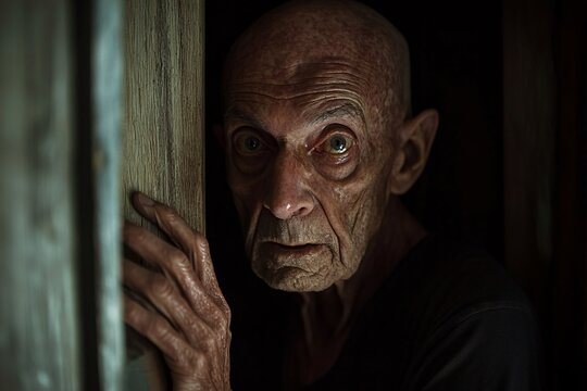 Bald elderly man with hollow eyes and gaunt face, skeletal hands gripping a door frame, dimly lit room, strong shadows, unsettling backlit atmosphere, close-up 4