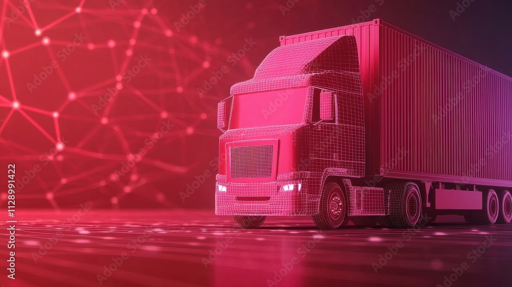 Poster a digital rendering of a truck with a container, set against a vibrant red background, symbolizing t