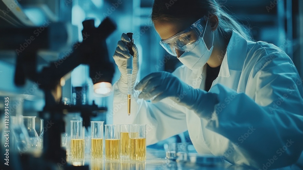 Poster a scientist conducts experiments with liquids in a laboratory setting.