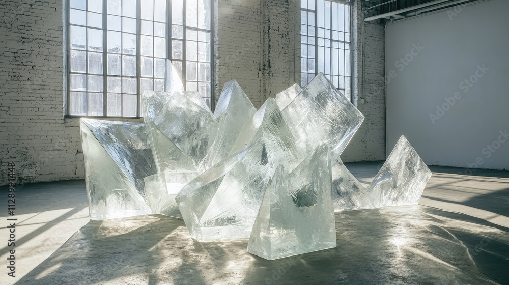 Poster a modern ice art piece with frozen shards and geometric shapes, arranged in an open space with natur