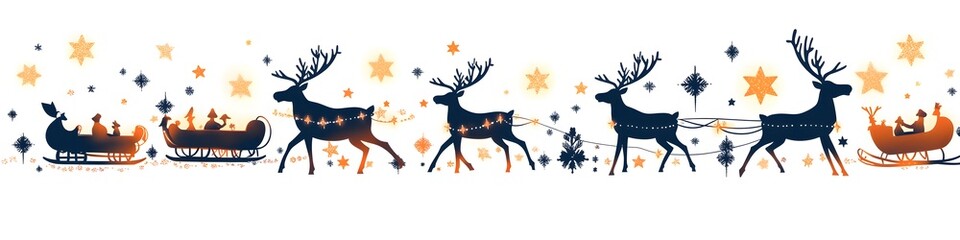 A horizontal composition featuring reindeer silhouettes, sleighs, and glowing stars, emphasizing traditional holiday themes. Vector art, 4k resolution, white background