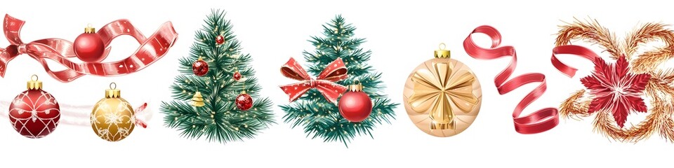A clean collection of Christmas tree decorations like ribbons, tinsel, and baubles, each item drawn with sharp detail. Vector art, 4k resolution, white background