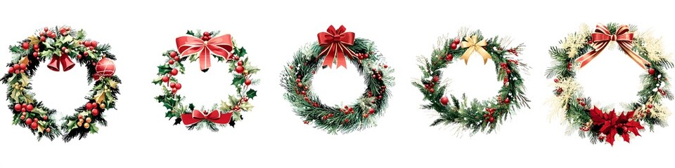 A sleek design showcasing Christmas wreaths and garlands, with subtle highlights on the decorative details. Vector art, 4k resolution, white background