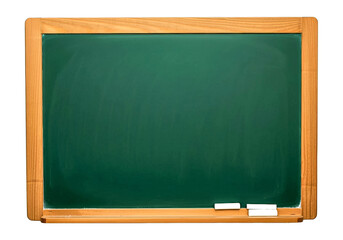 Empty Green Chalkboard with Wooden Frame and Chalk Pieces, White Background