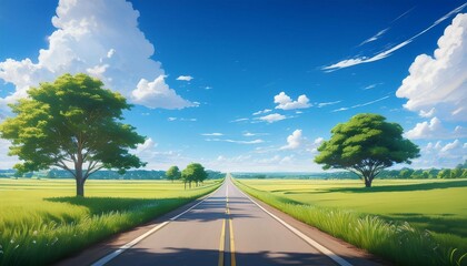 a beautiful anime background of an empty country road with green fields on both sides trees and blue sky sunny day countryside