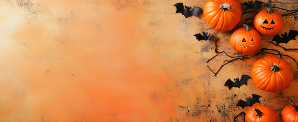 Halloween pumpkins and bats on orange background create festive atmosphere. Perfect for autumn celebrations and spooky events