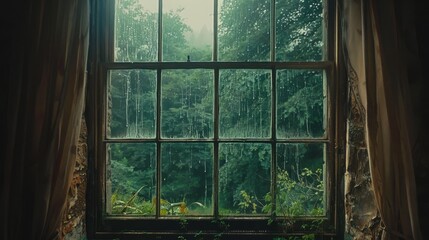 Serene Forest View Through Weathered Window Frame