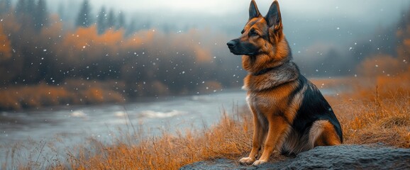 Majestic German Shepherd Dog Sitting by a River in Autumn Snow