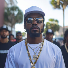 Confident man in urban setting showcasing hip hop fashion style