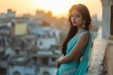 An attractive Indian female idol in a turquoise sari, standing near a rooftop ledge, glowing golden hour light, cityscape view, graceful pose 3