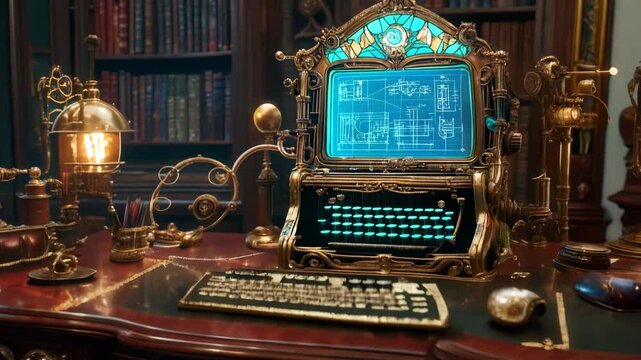 Steampunk computer with intricate gears and a glowing blue screen sits on a desk in a victorian-era study, surrounded by books, lamps, and other gadgets