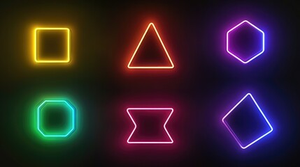 Neon abstract shapes illuminate the background